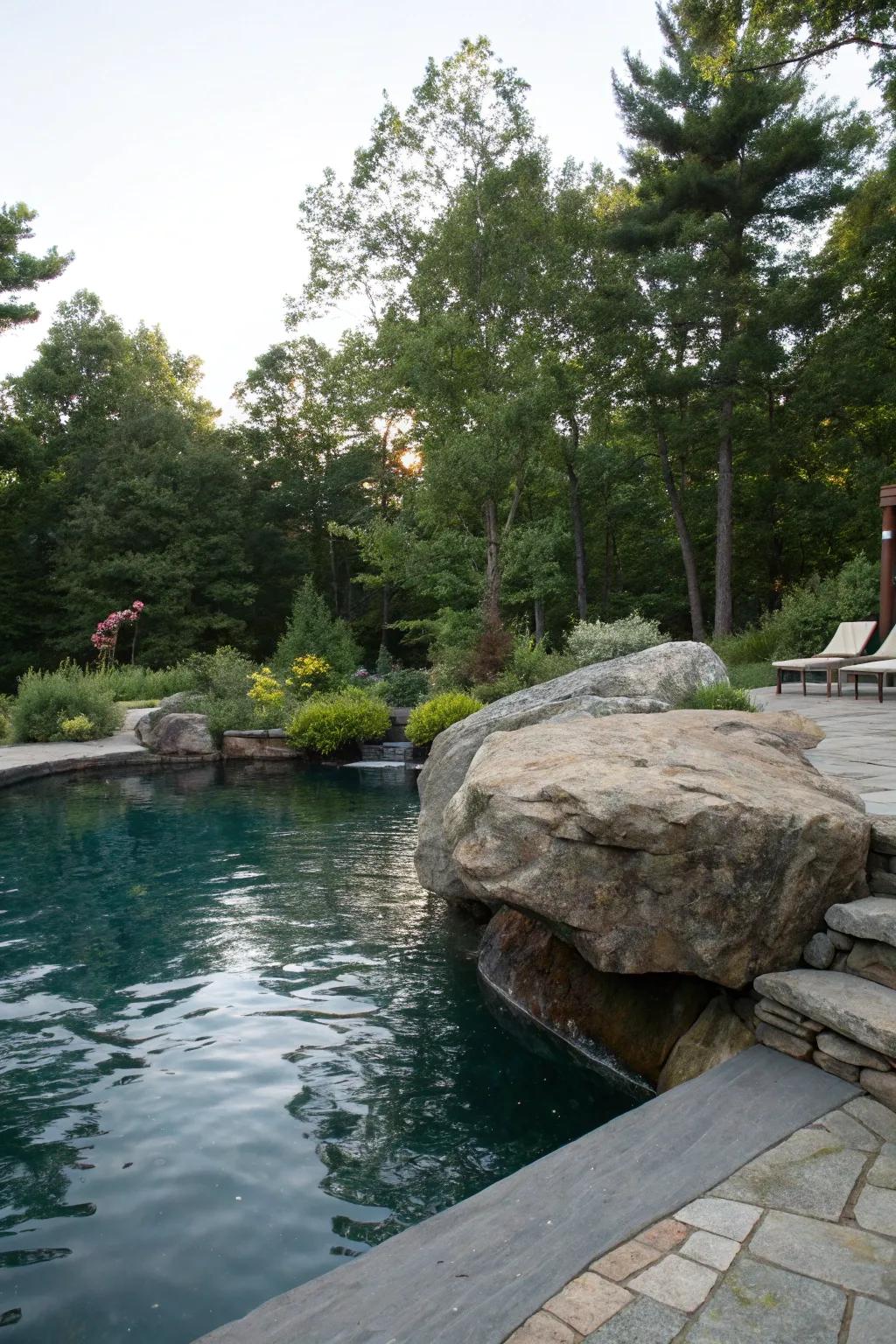 A jumping rock adding a natural and fun element to the pool.