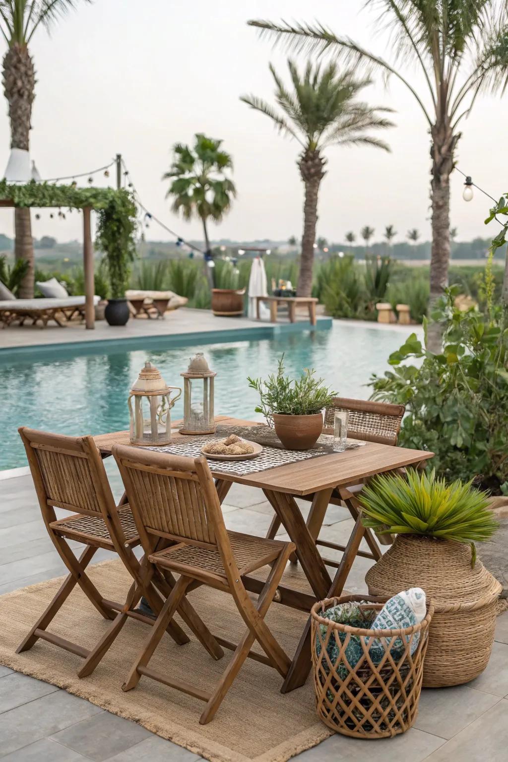 Country-style decor creating a cozy ambiance by the pool.