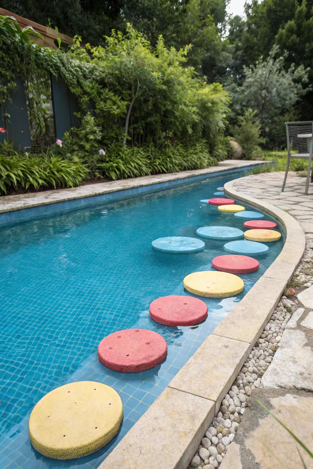 Whimsical stepping stones adding a magical touch to the pool.