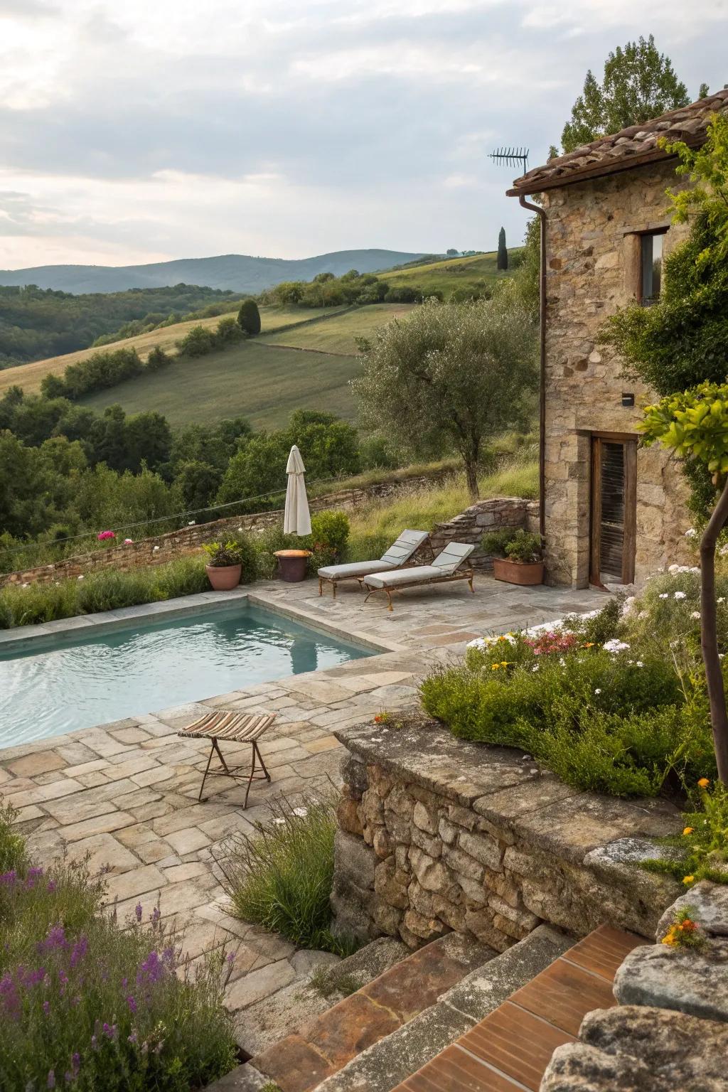 A rustic stone patio perfectly complementing the pool's natural setting.
