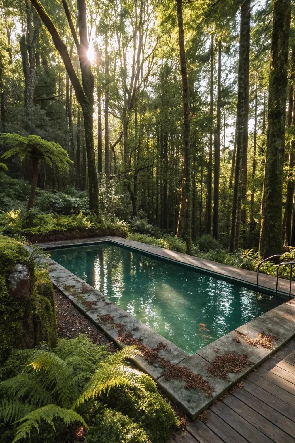 A secluded pool nestled within a forested area.