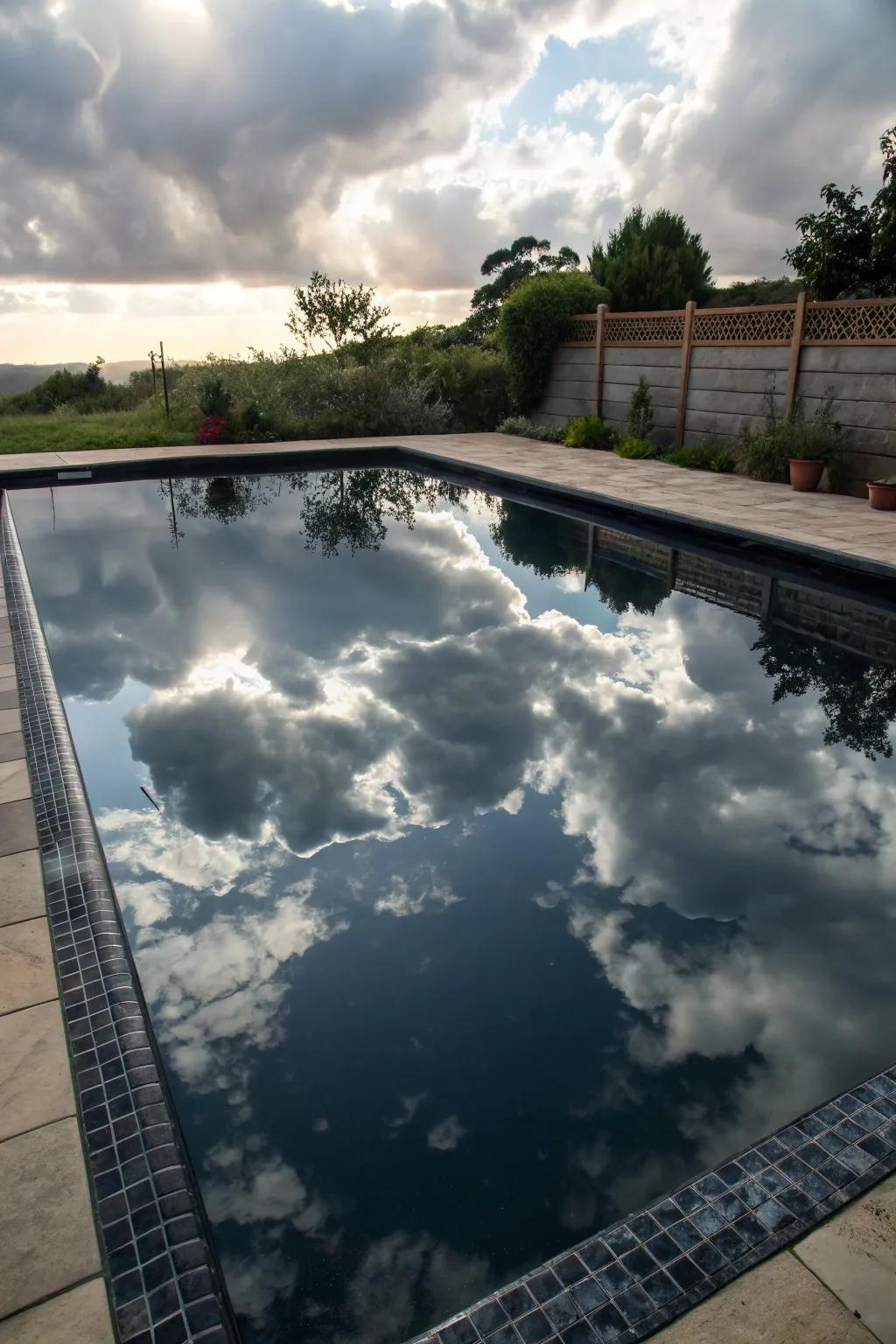 A pool with a dark finish creating a natural and serene appearance.