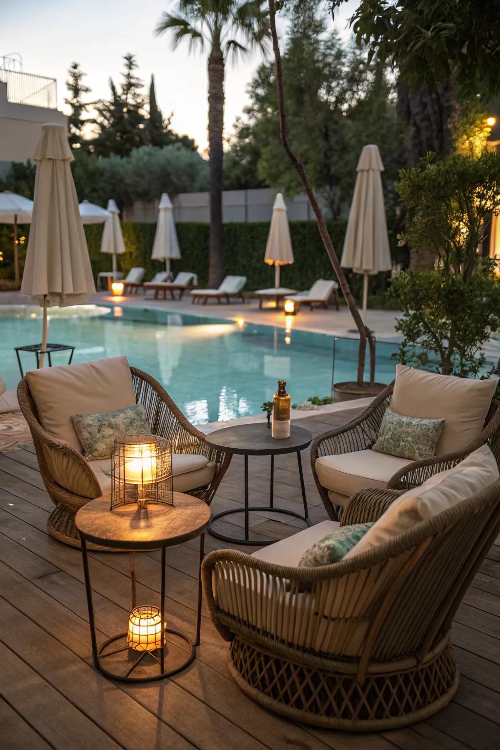 A relaxing seating area offering comfort and style by the pool.