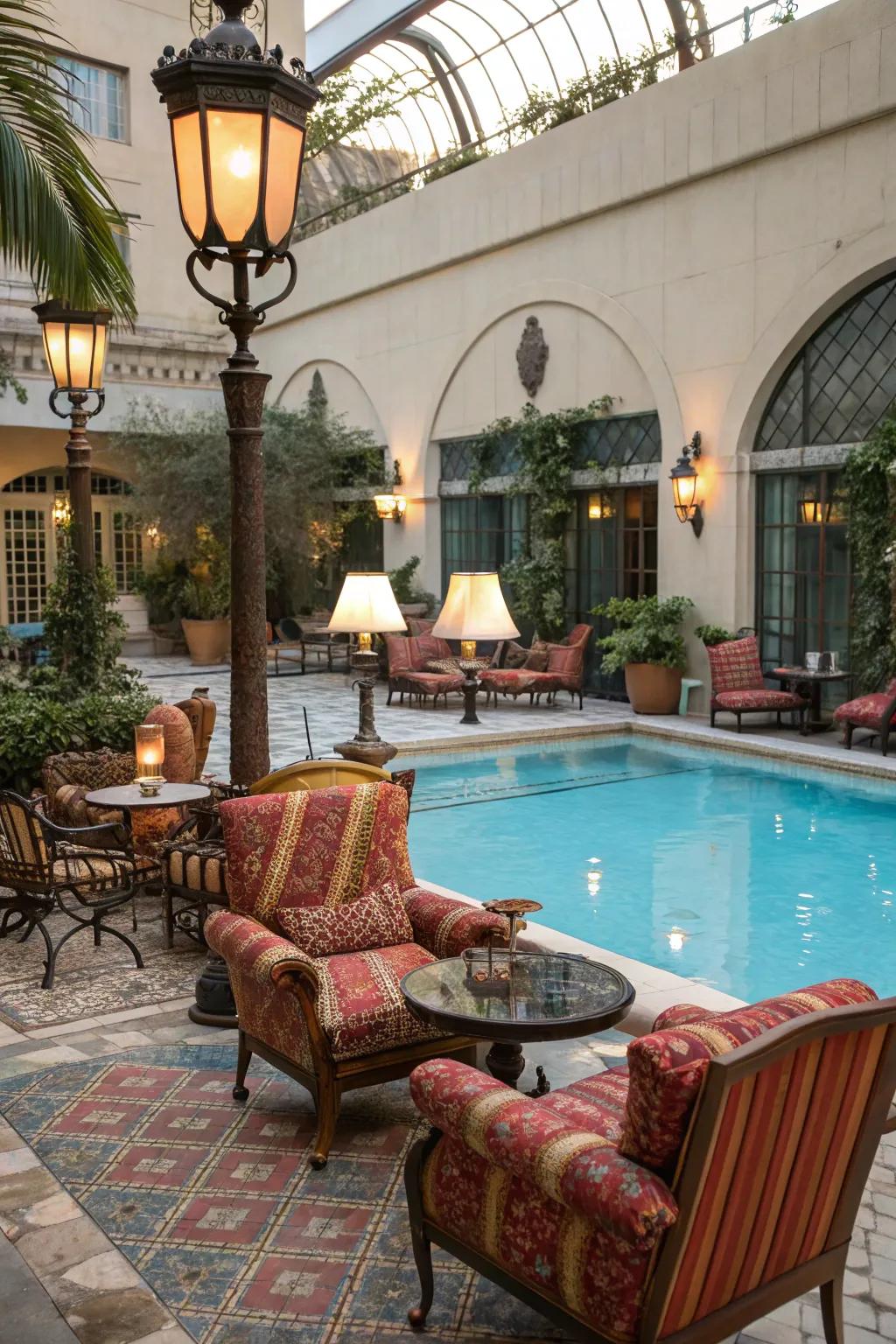Vintage decor adding a touch of history and charm to the pool.