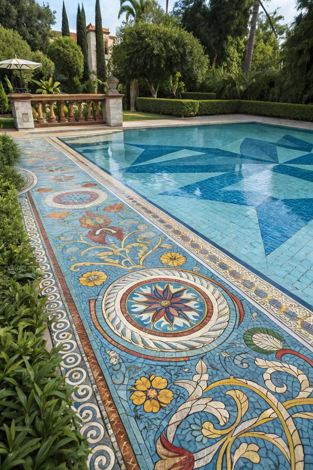 Intricate tile patterns enhancing the visual appeal of the pool.