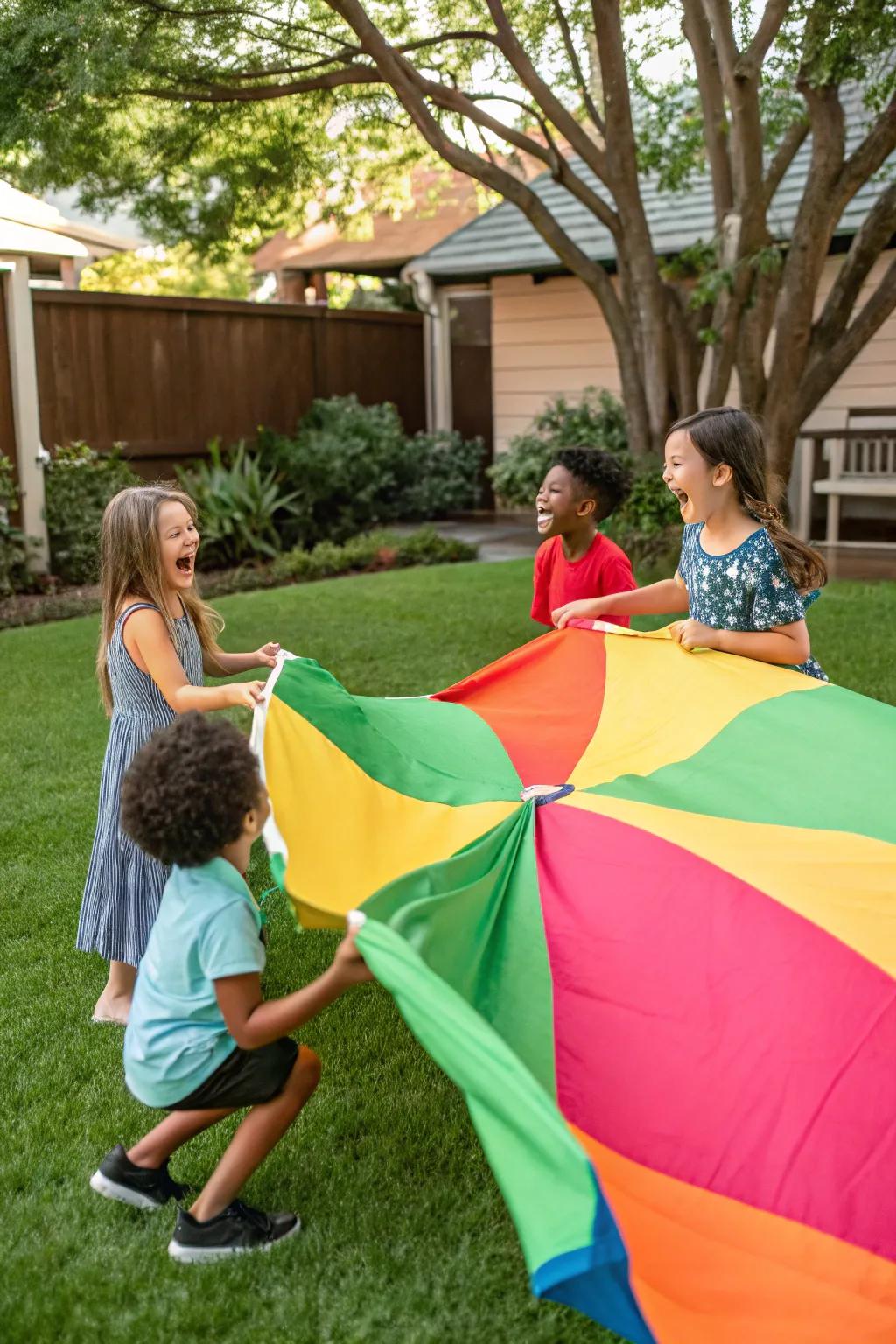 Parachute games creating smiles and teamwork.