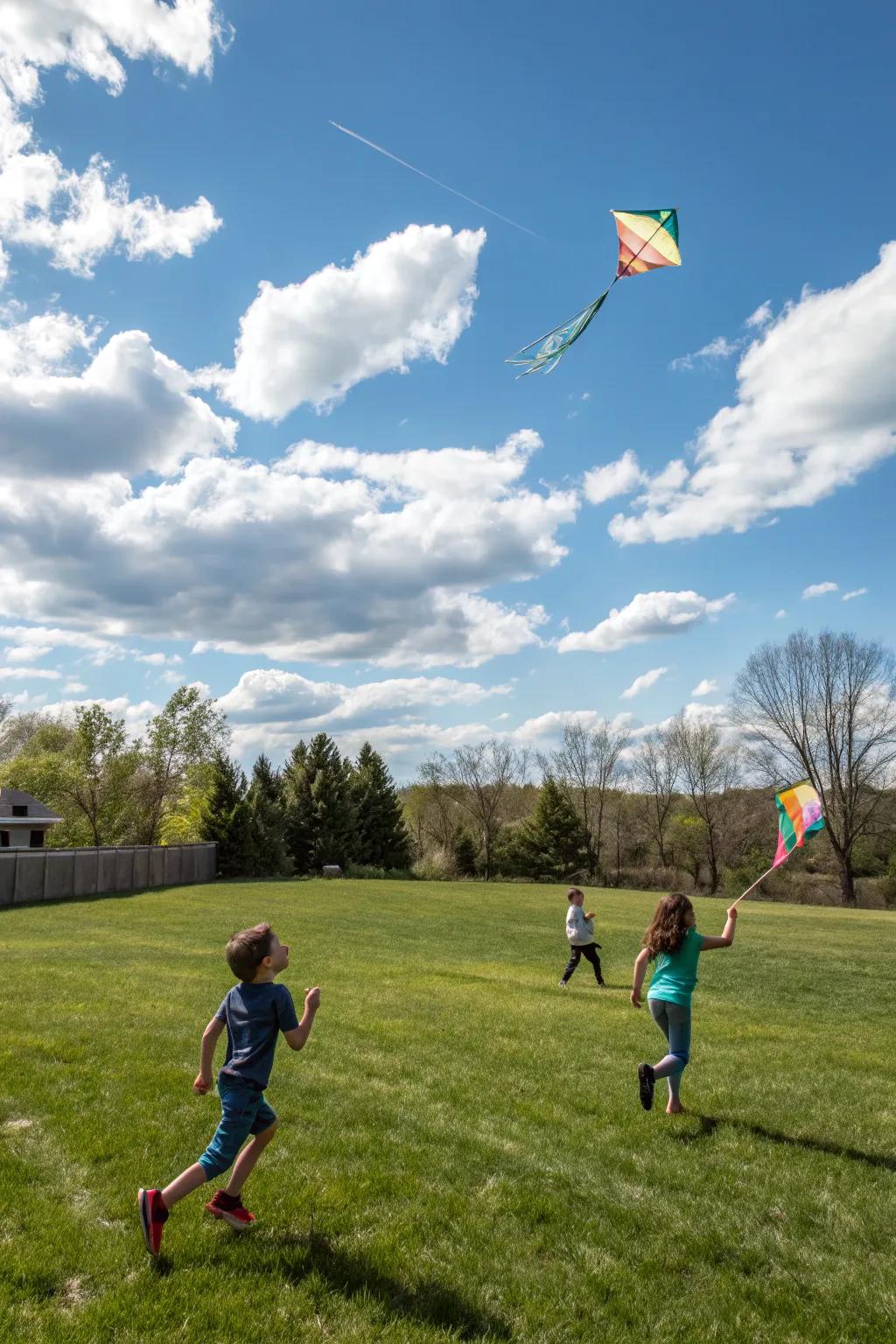 Kids enjoying the thrill of kite flying in the backyard.