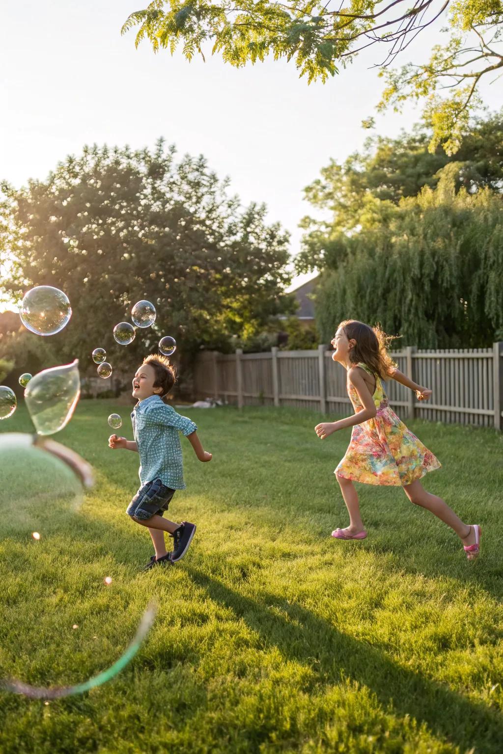 Kids marveling at giant bubbles floating through the backyard.