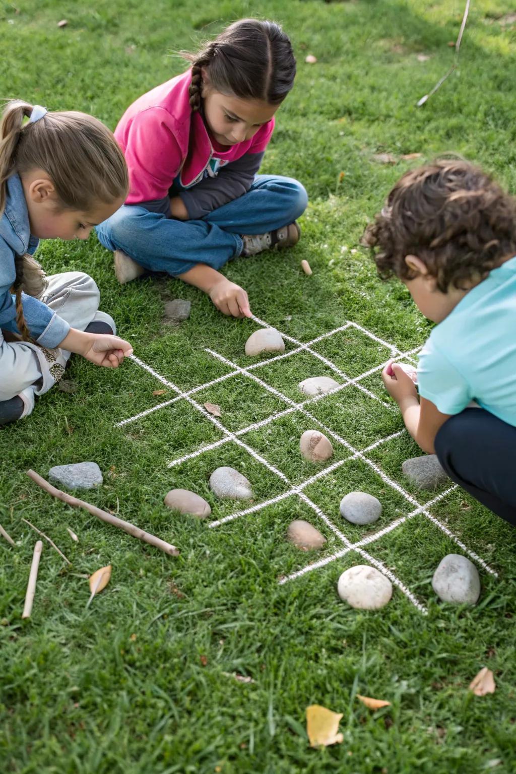 Nature-inspired tic-tac-toe in the backyard.
