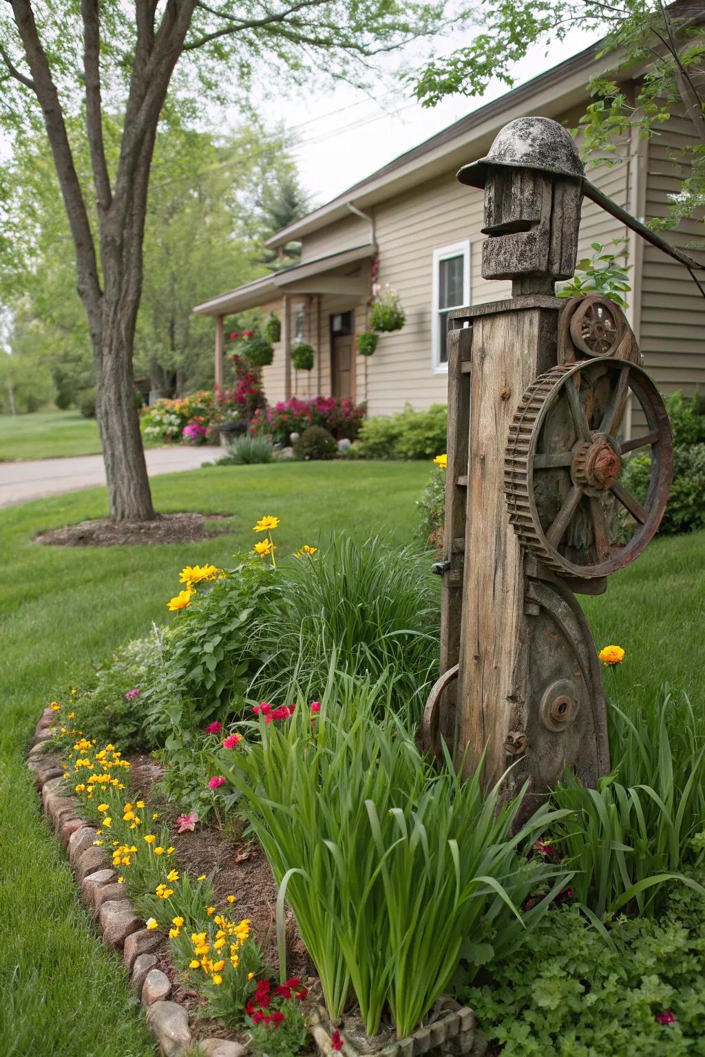 Recycled material art adds a sustainable and rustic charm to your outdoor space.