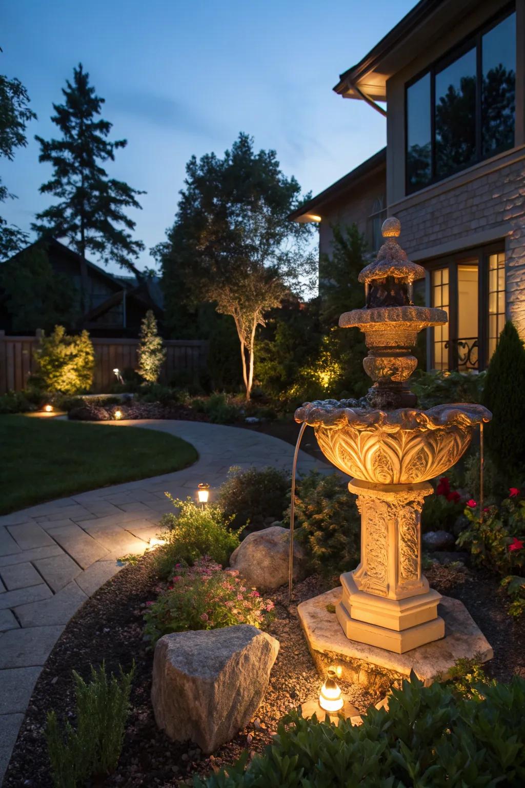 Illuminated art pieces bring a magical glow to your garden after dark.