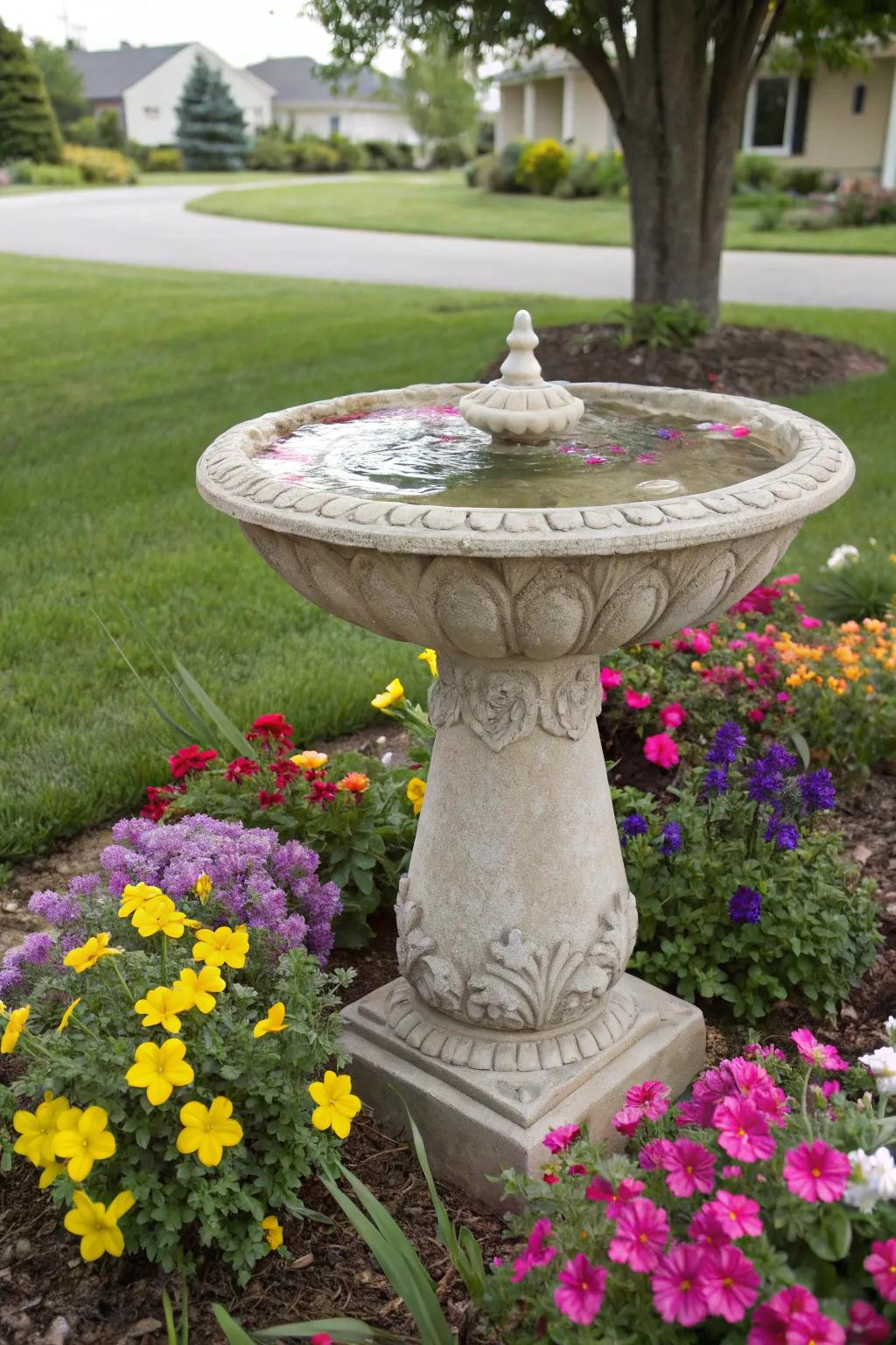 Concrete bird baths serve as both a decorative element and a haven for birds.