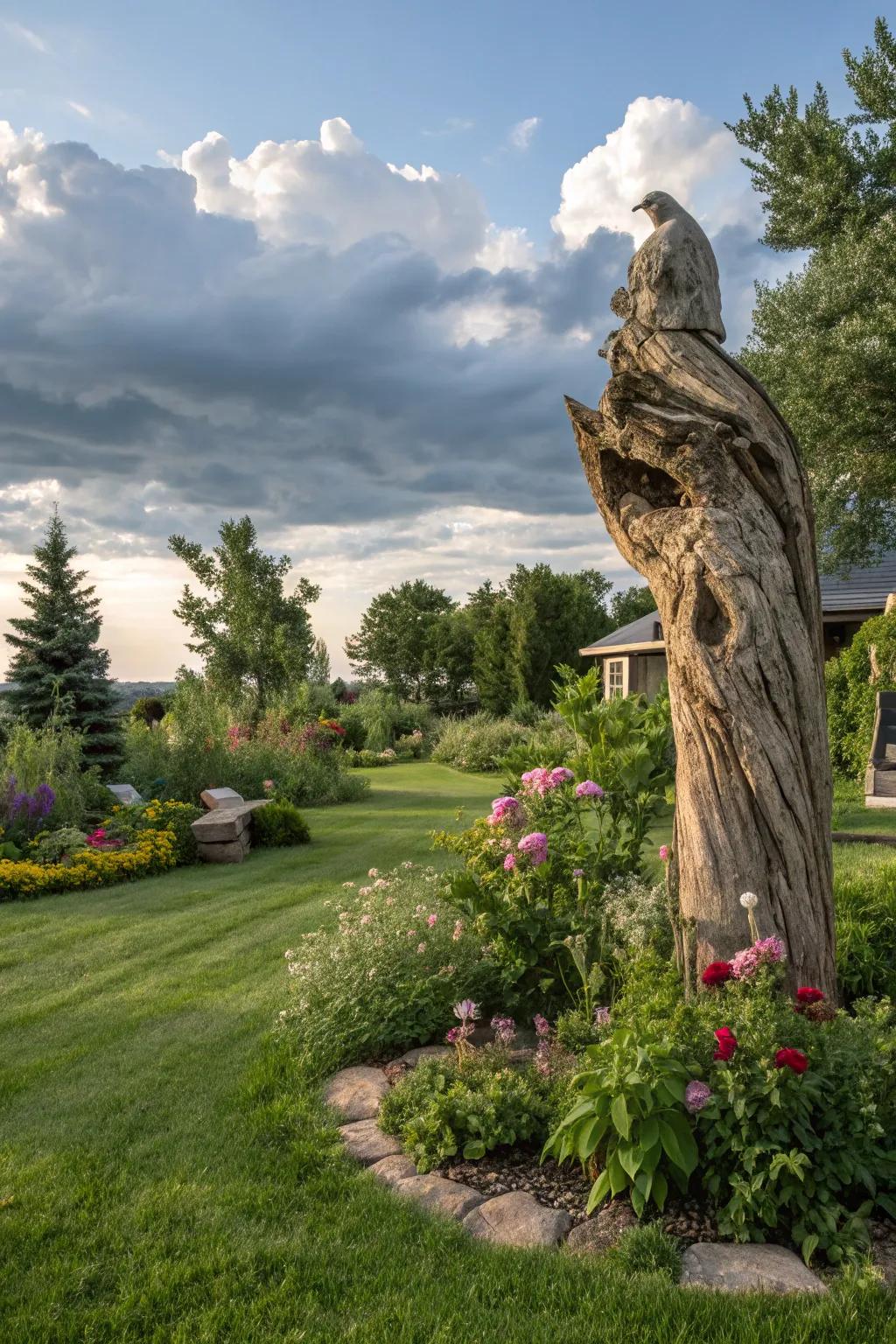 Organic material sculptures provide a rustic and harmonious touch to your garden.