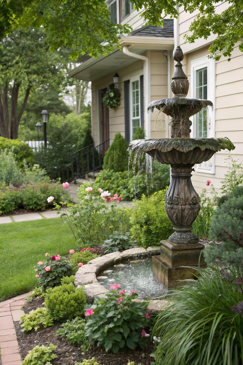 Functional art pieces like fountains add charm and practicality to your yard.