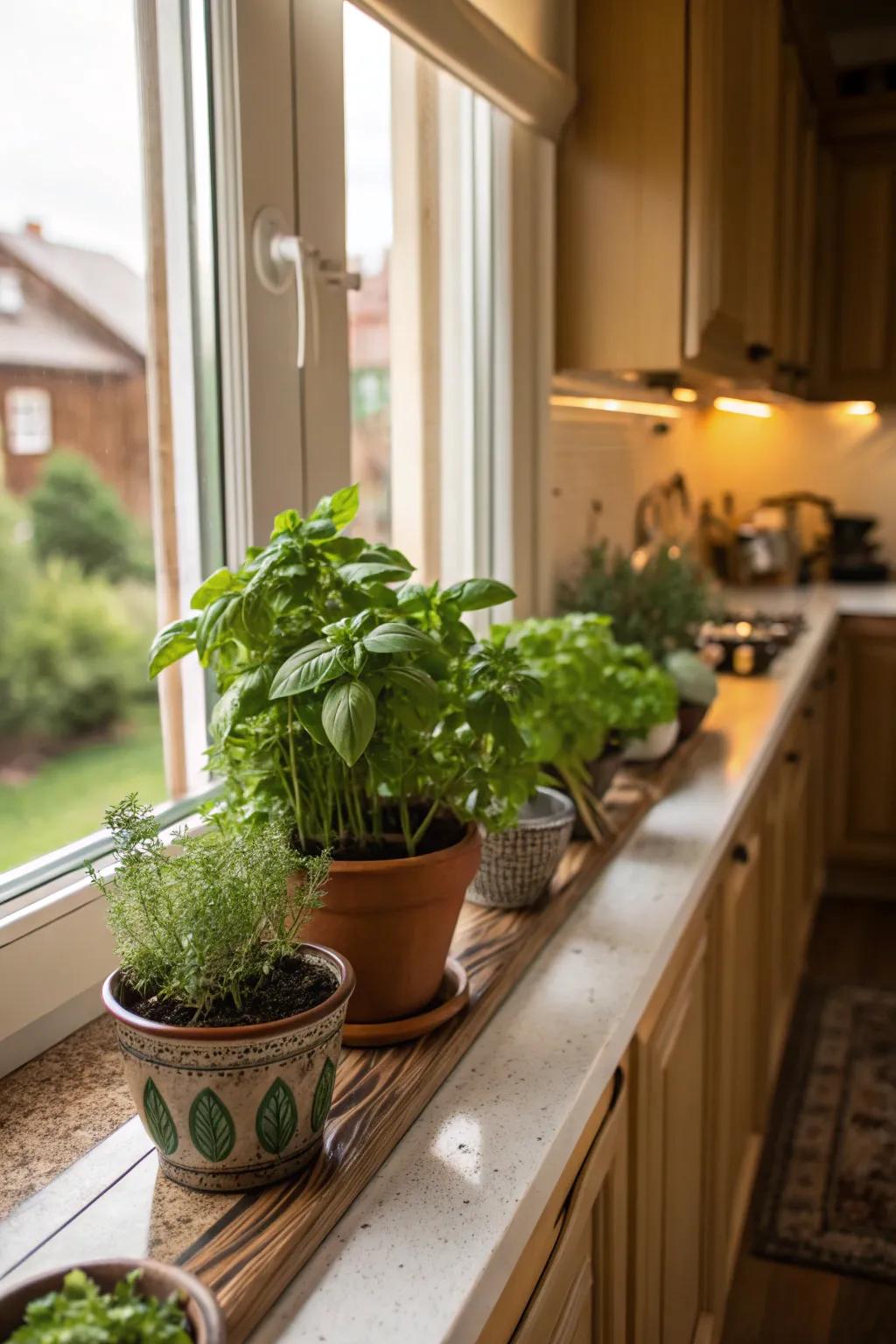 A kitchen windowsill adorned with pots of fresh herbs like basil and mint.