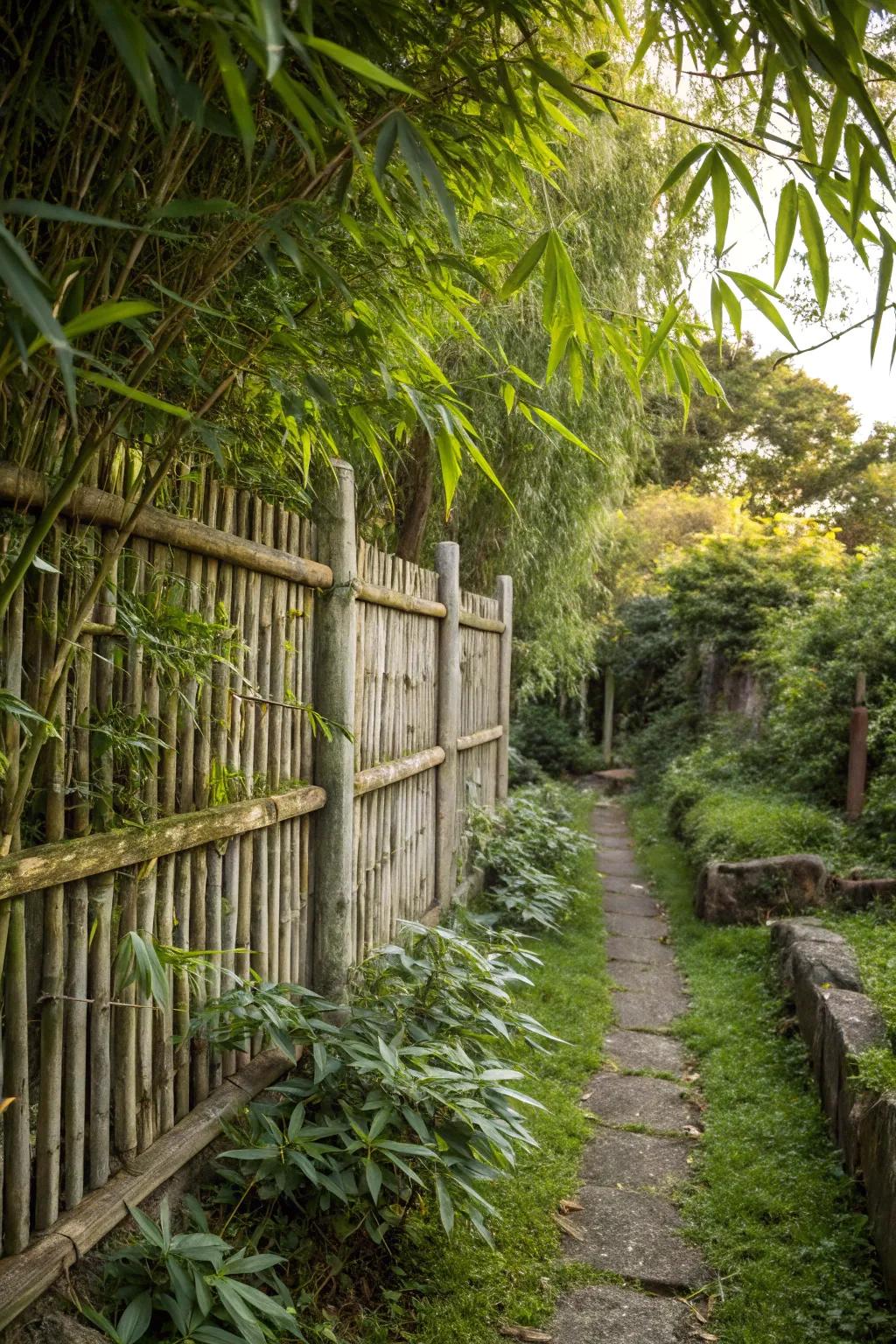 A garden where bamboo elegantly disguises an old fence, enhancing tranquility.