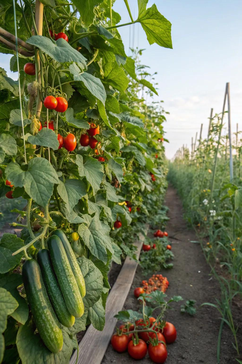 A home vegetable garden with ripe tomatoes and cucumbers ready for picking.