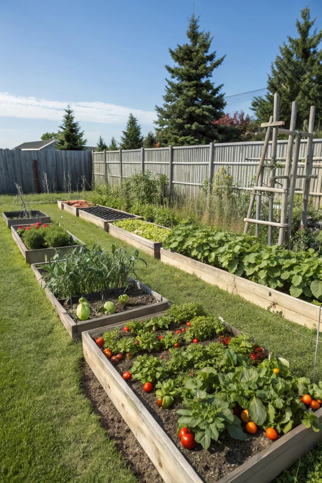 Neatly arranged raised garden beds filled with thriving vegetables in a backyard.