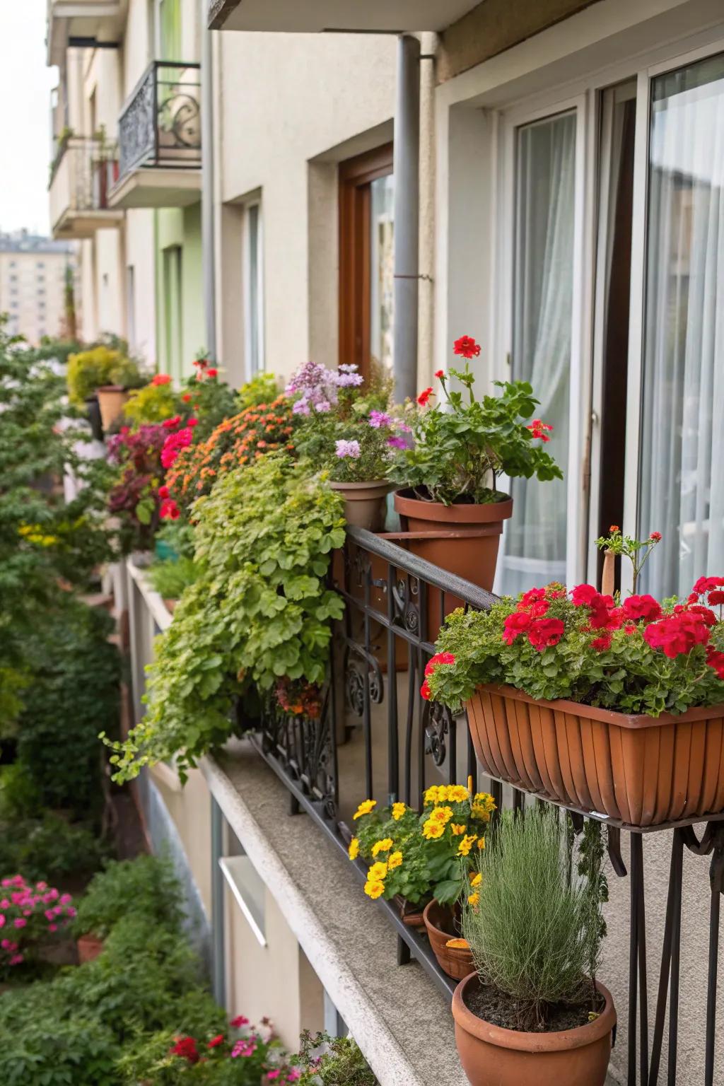 A small balcony transformed into a vibrant garden with colorful container plants.