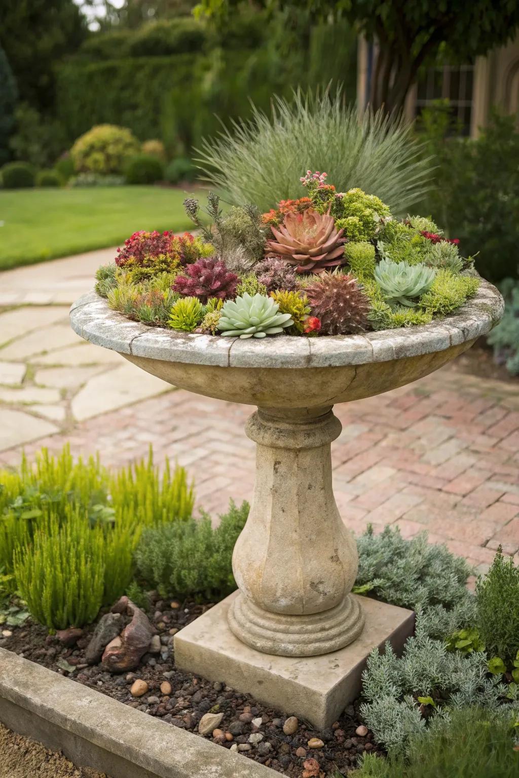 A birdbath creatively repurposed as a succulent planter.