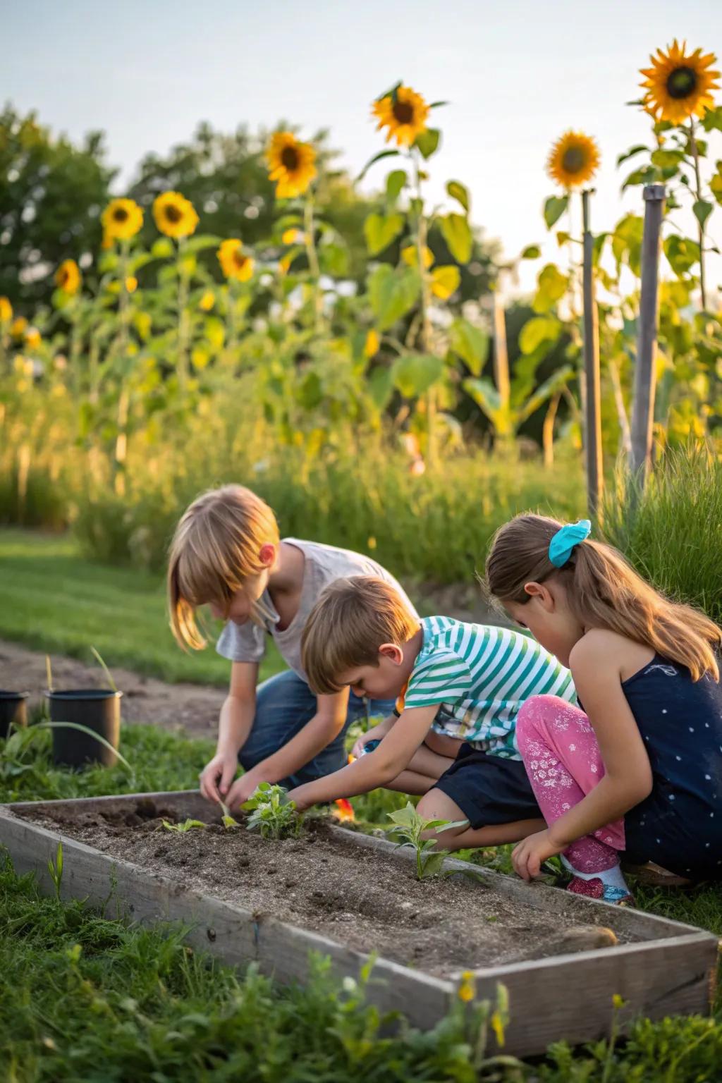 Children planting seeds in a garden with sunflowers towering in the background.