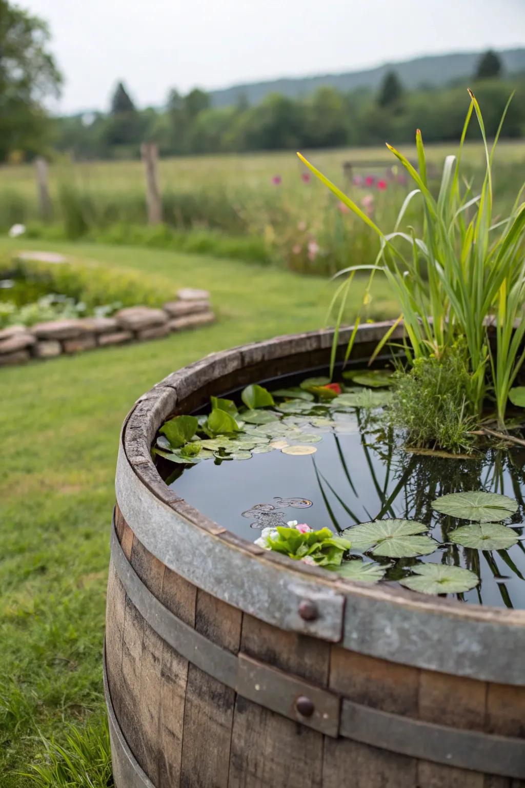 A whisky barrel creatively repurposed into a charming miniature pond.