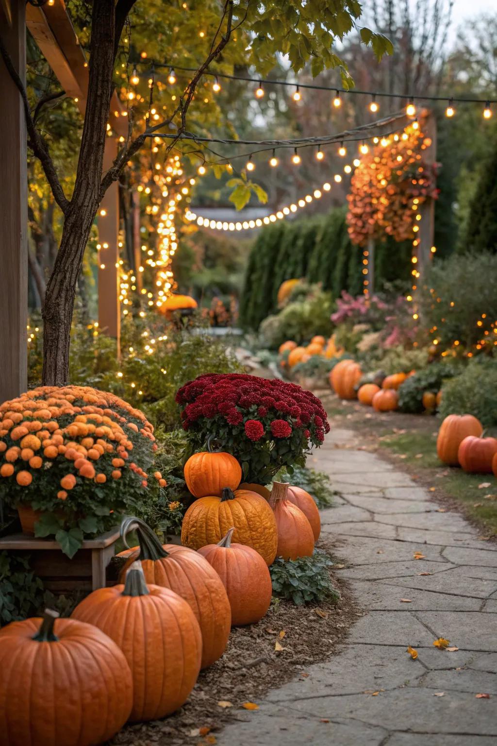 A garden adorned with seasonal elements like pumpkins and fairy lights.
