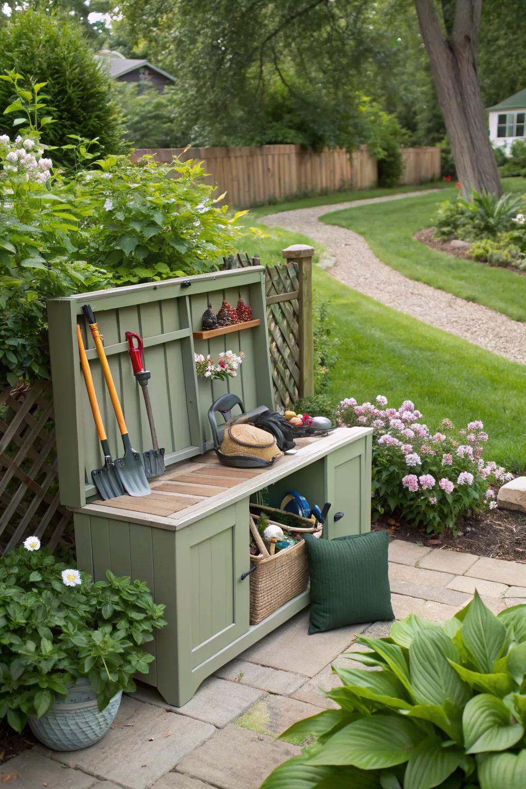 An outdoor bench providing hidden storage for gardening tools.