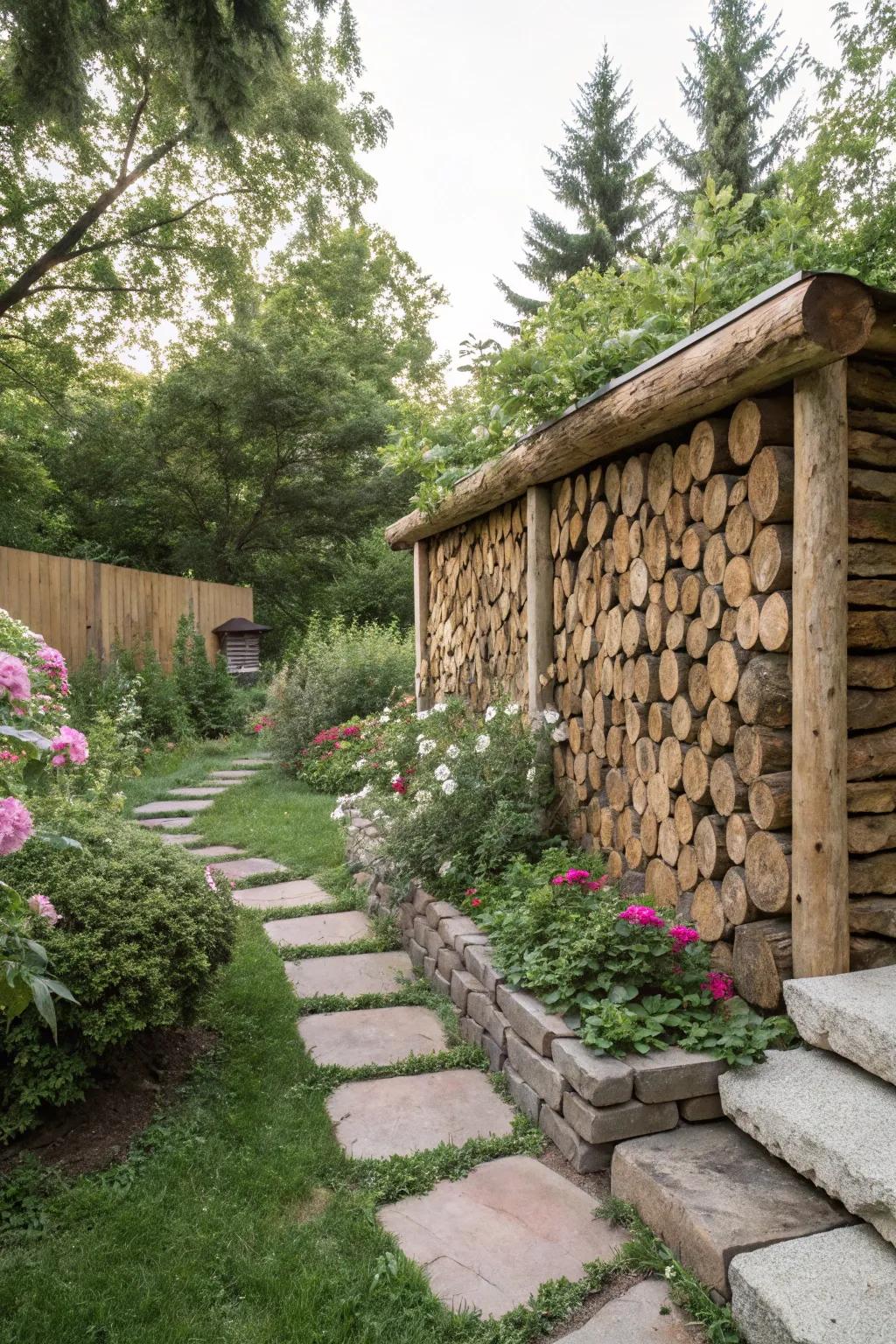 A DIY wooden log wall provides a rustic and effective windbreak.