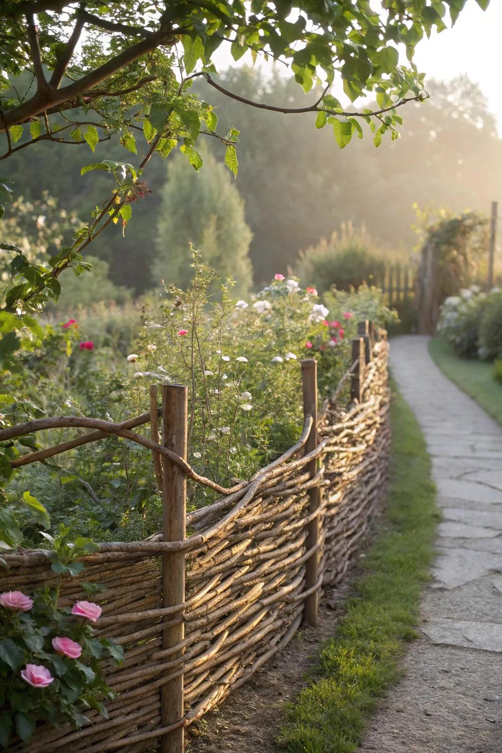 Woven fences combine rustic charm with functional wind protection.