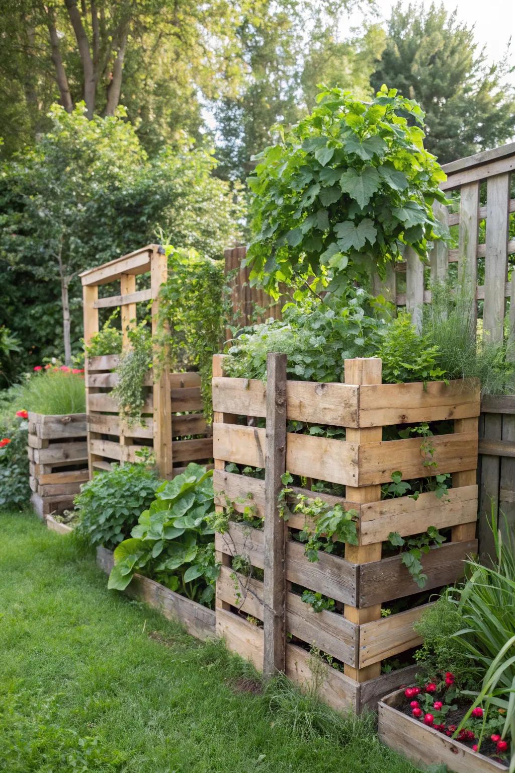 Pallet structures are a sustainable and creative DIY windbreak solution.