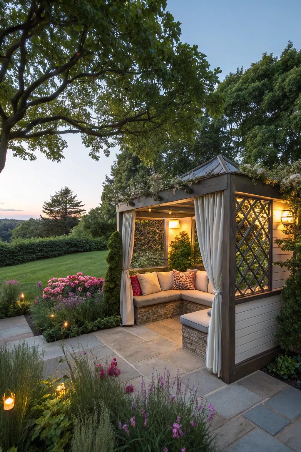 Arbour seating combines comfort with natural wind shelter.