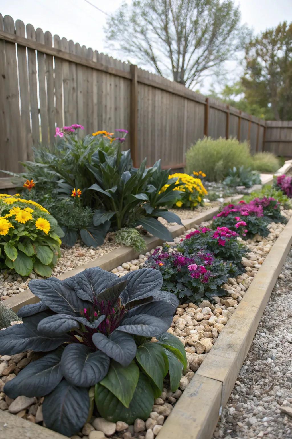 A textured garden bed with mixed plantings.
