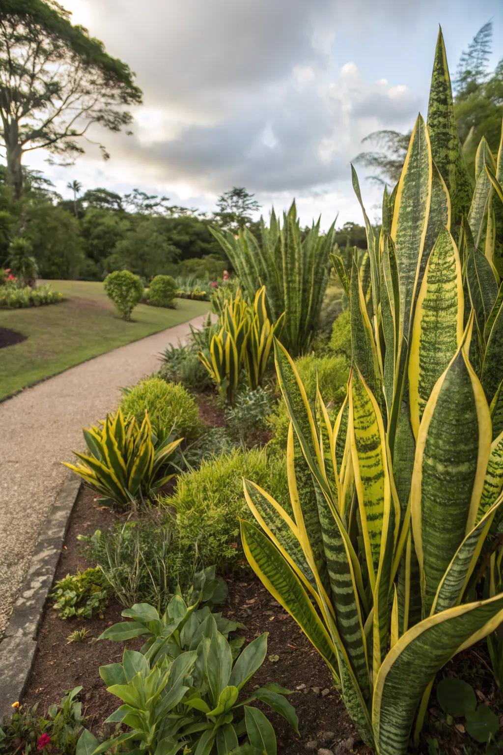 Variegated cast iron plants adding color to the garden.