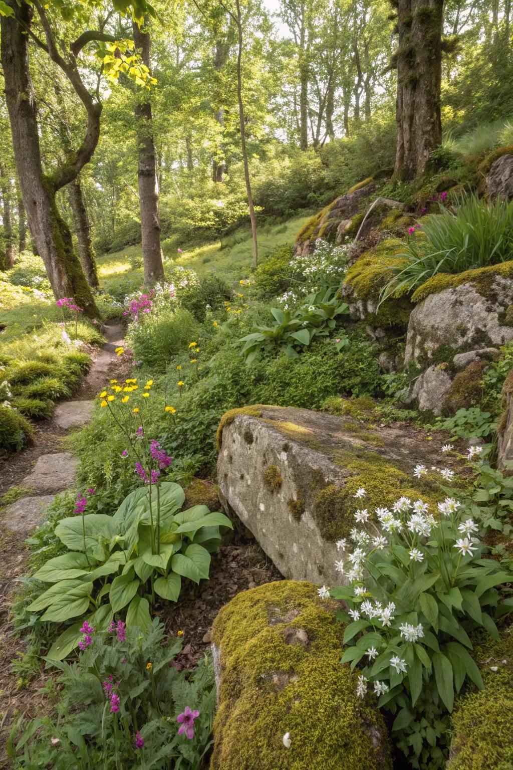 Woodland-style garden with cast iron plants.