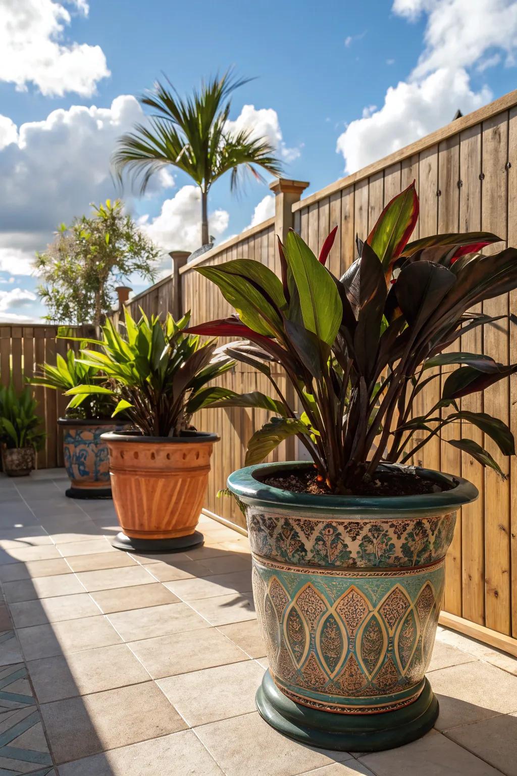 Potted cast iron plants for elegant patio decor.