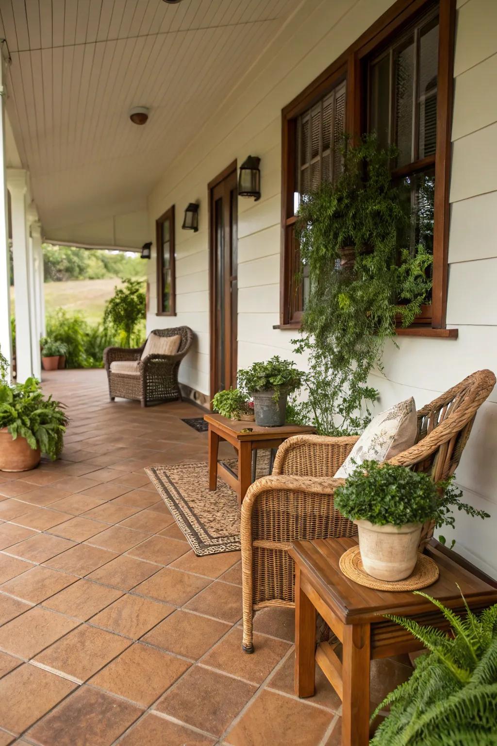 A cozy atmosphere with earthy-toned tiles and natural accents.