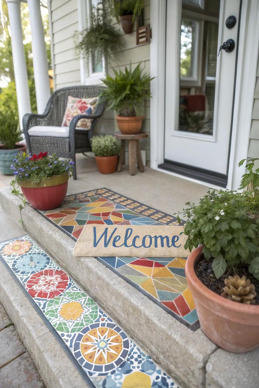 A front porch bursting with personality through mosaic tiles.