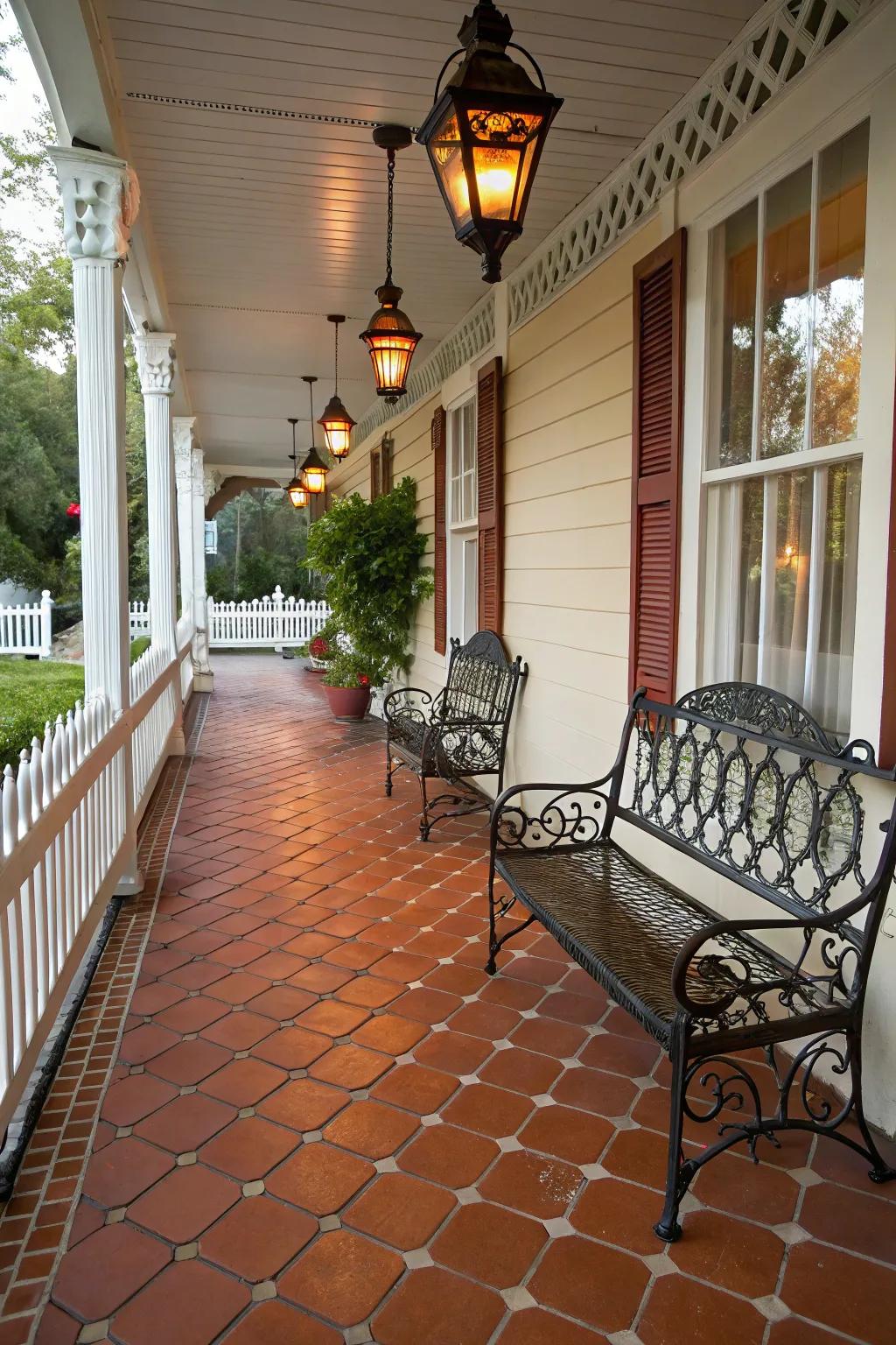 Traditional terracotta tiles creating a warm porch ambiance.