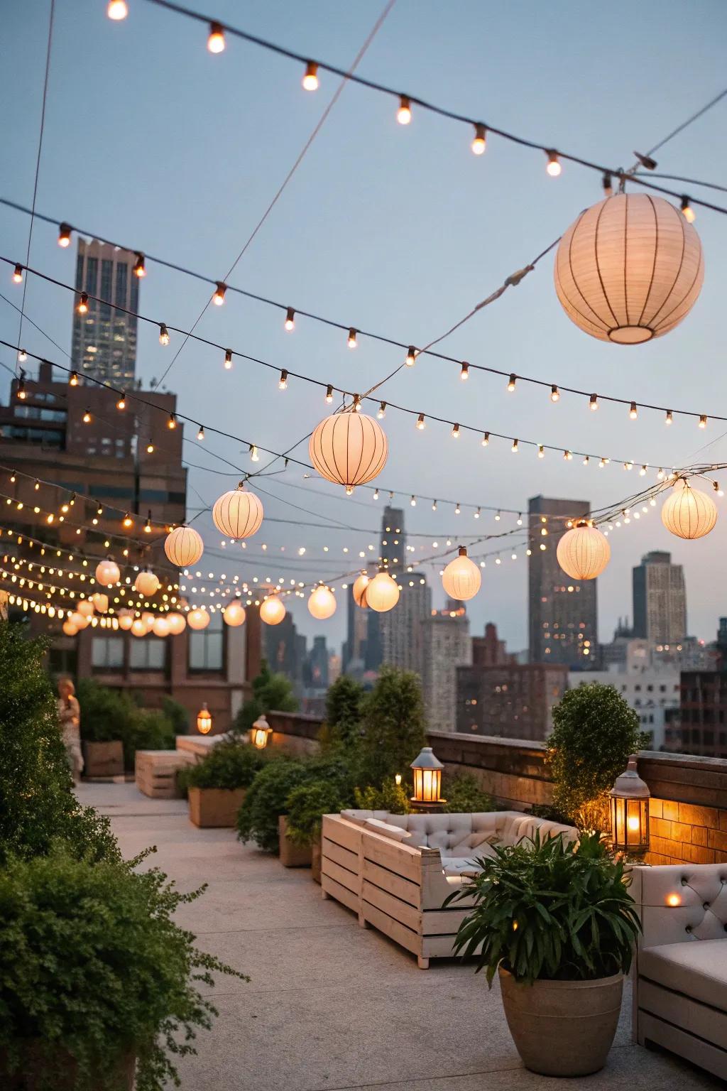 A rooftop illuminated by enchanting string lights and lanterns.