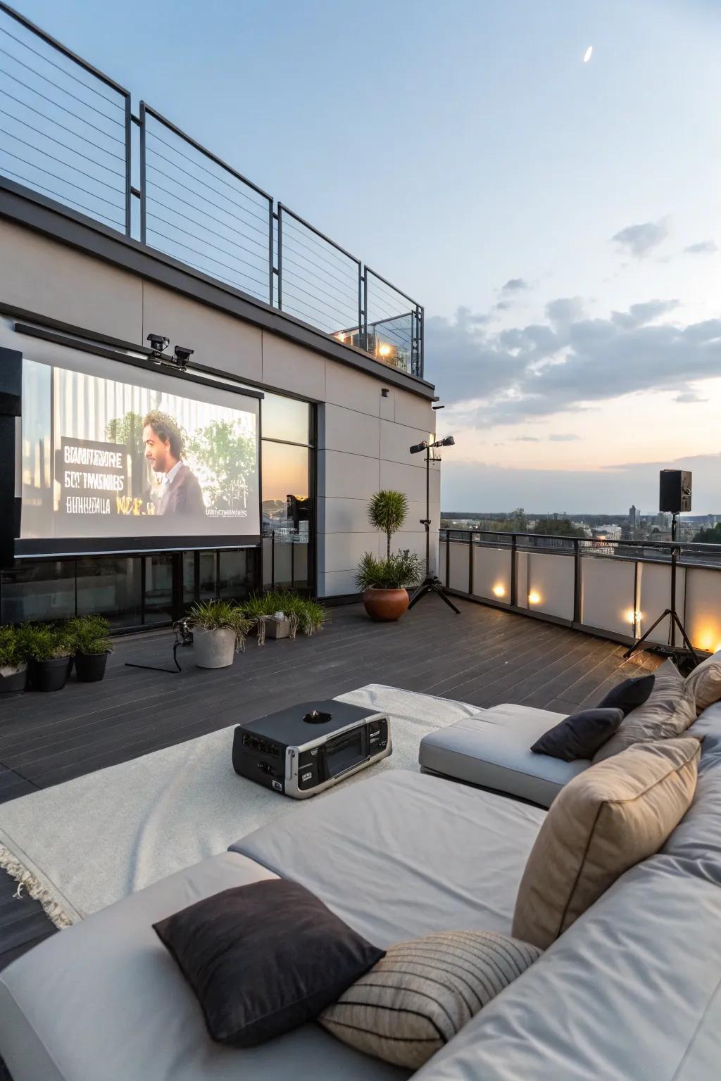 A cozy rooftop transformed into an atmospheric outdoor cinema.