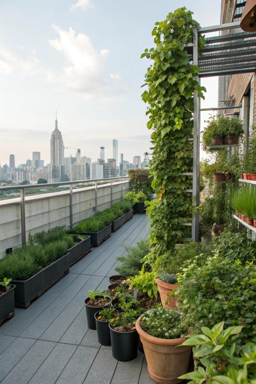 A vibrant rooftop garden filled with lush greenery.