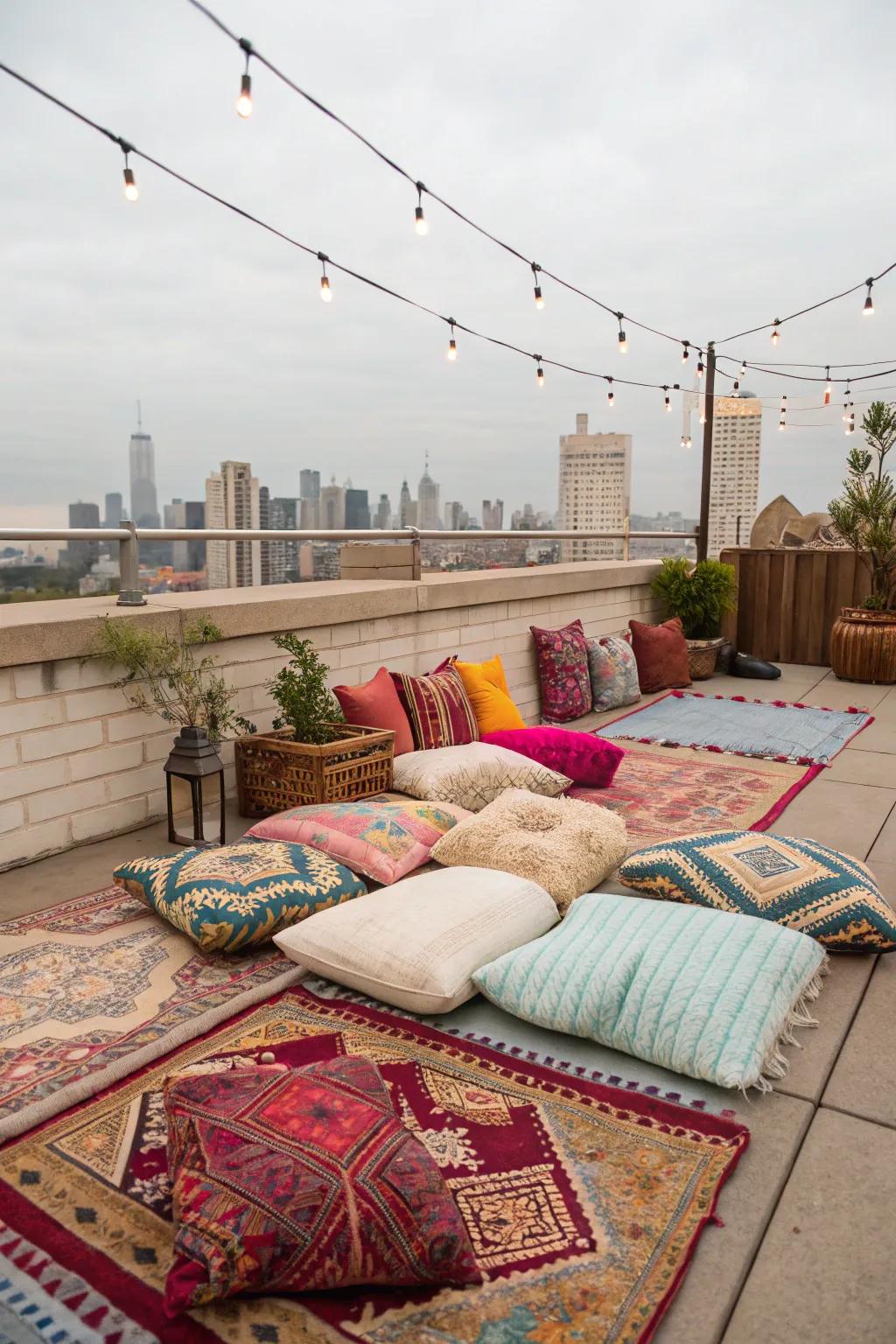A cozy rooftop adorned with decorative cushions and rugs.