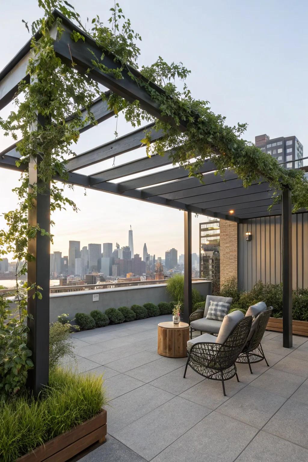 A stylish pergola offers shade and structure on this beautiful rooftop.