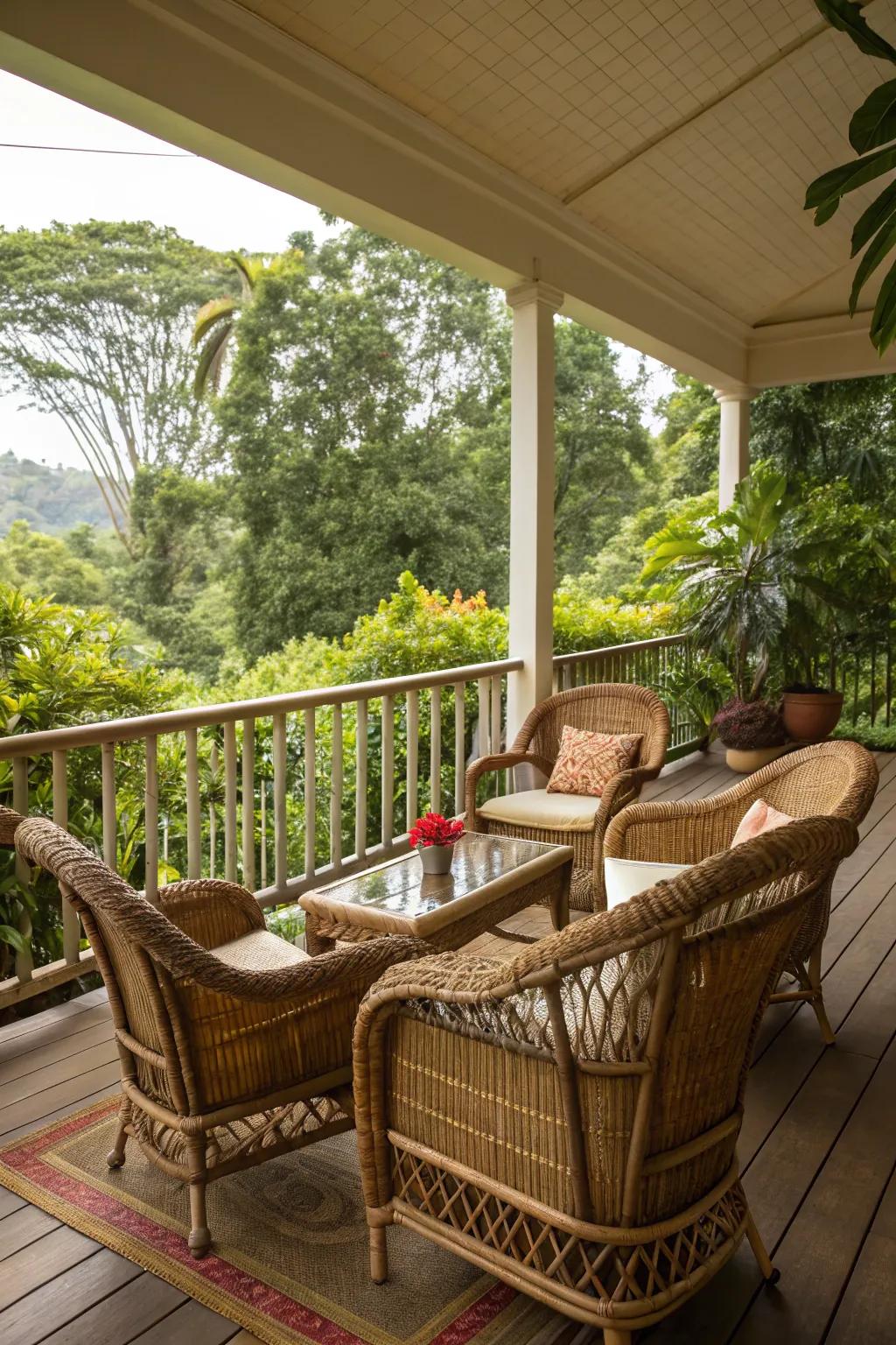 Wicker and rattan bring a touch of nature to your coastal porch.