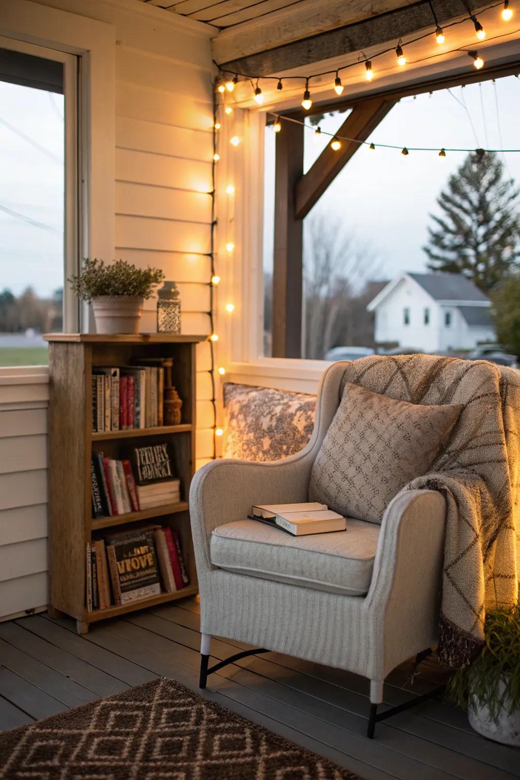 A reading nook offers a peaceful retreat on your porch.
