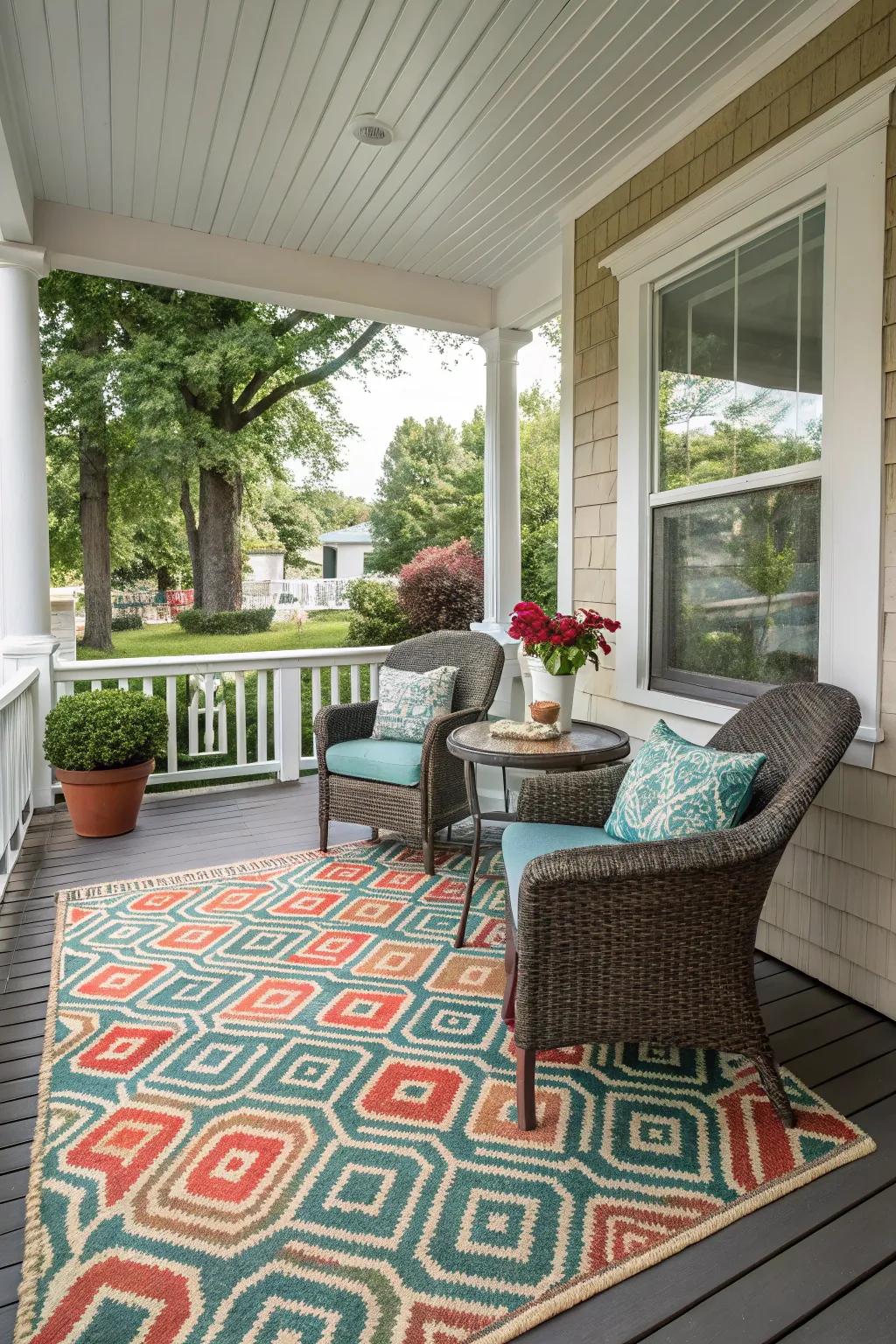 Outdoor rugs add warmth and style to your coastal porch.
