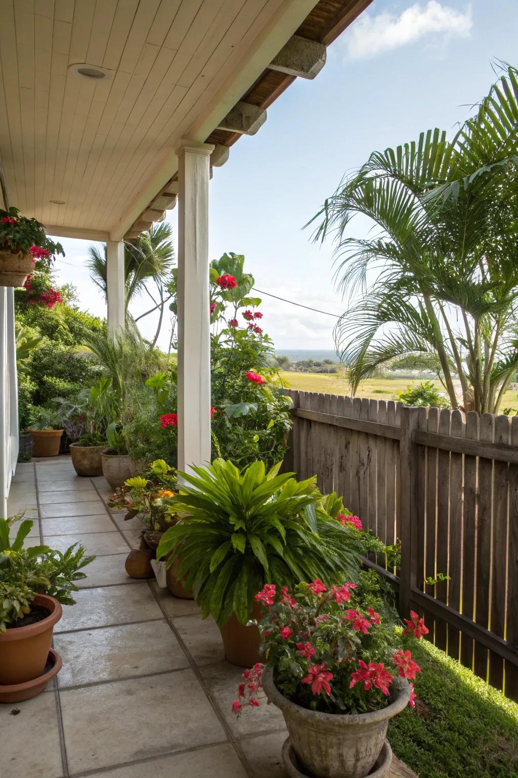 Greenery and plants add life to your coastal porch.