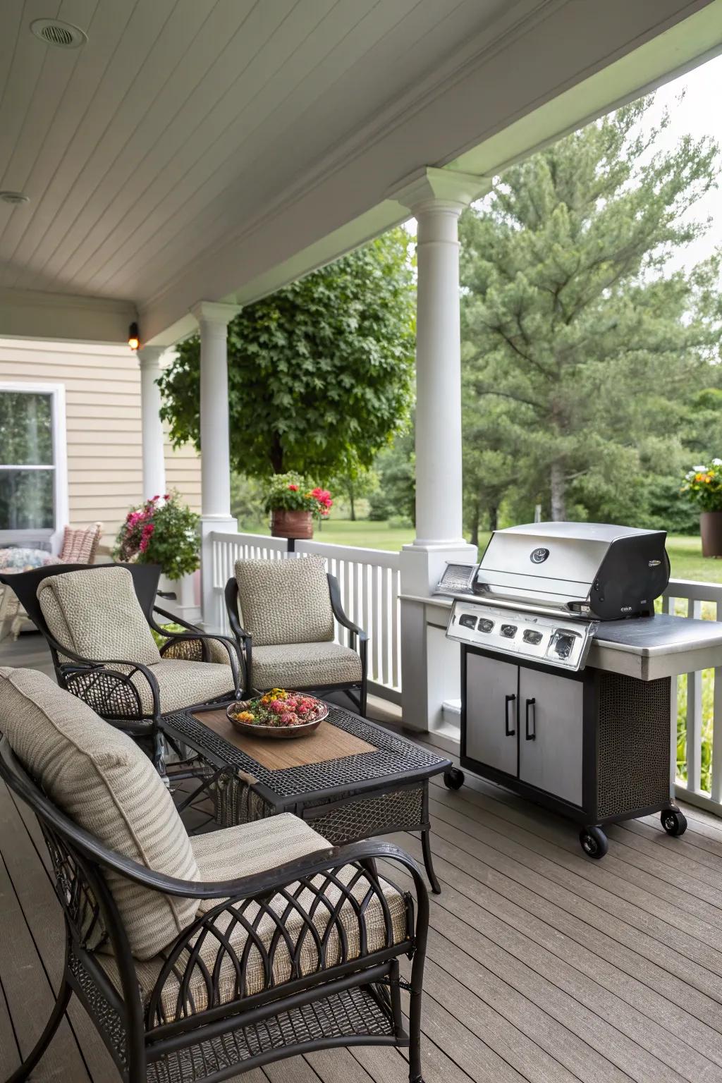 Weatherproof materials keep your grilling porch looking great year-round.