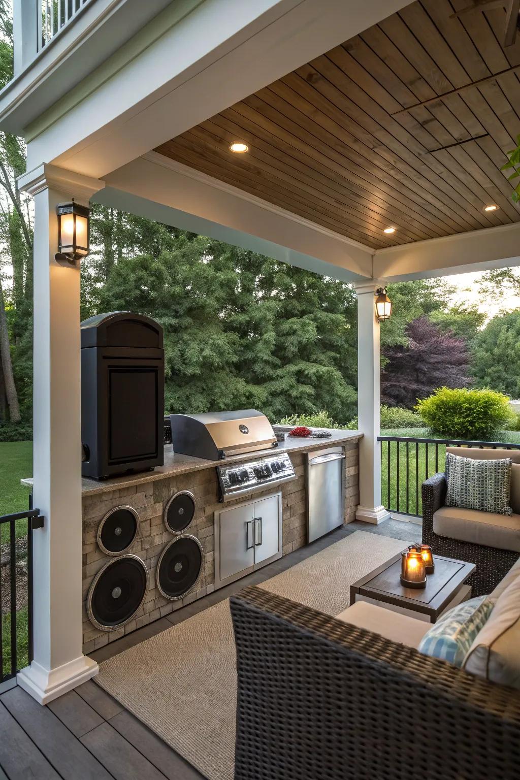 A sound system adds a fun dimension to your outdoor cooking.